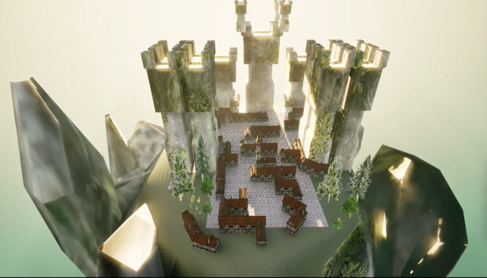 A Minecraft-style stone fortress model with four tower bastions and a central statue, set beside angular crystal formations and small trees.