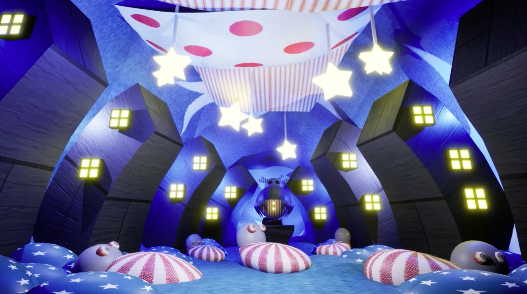 A stylised nursery scene features a large hanging canopy with red polka dots, star-shaped lights and striped cushions in a blue room with arched walls and small lit windows.