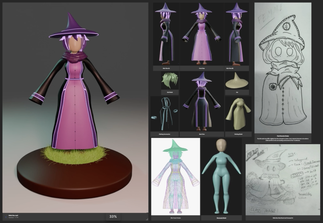 A stylised 3D witch character in a purple dress and pointed hat stands on a round base, shown alongside costume turnaround sheets, material tests and pencil sketch concept art.