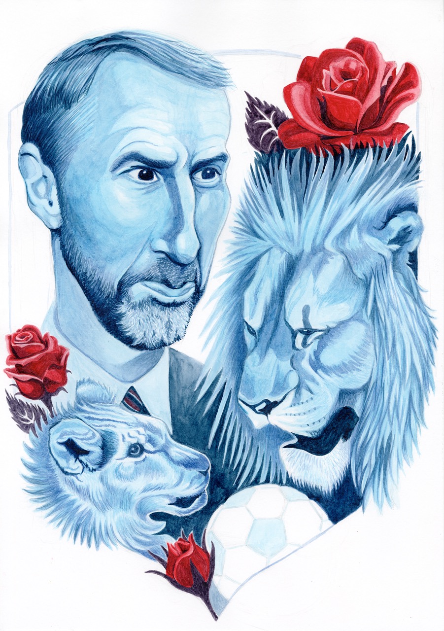 A blue-toned portrait of a man beside a lion, with a cub and red roses arranged around a white football on a plain background.