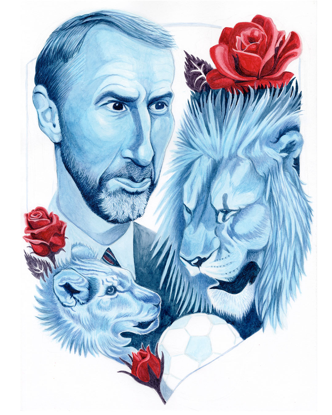 An illustrated blue-toned portrait collage showing a man, a lion and two smaller lions with red roses and a soccer ball on a white background.