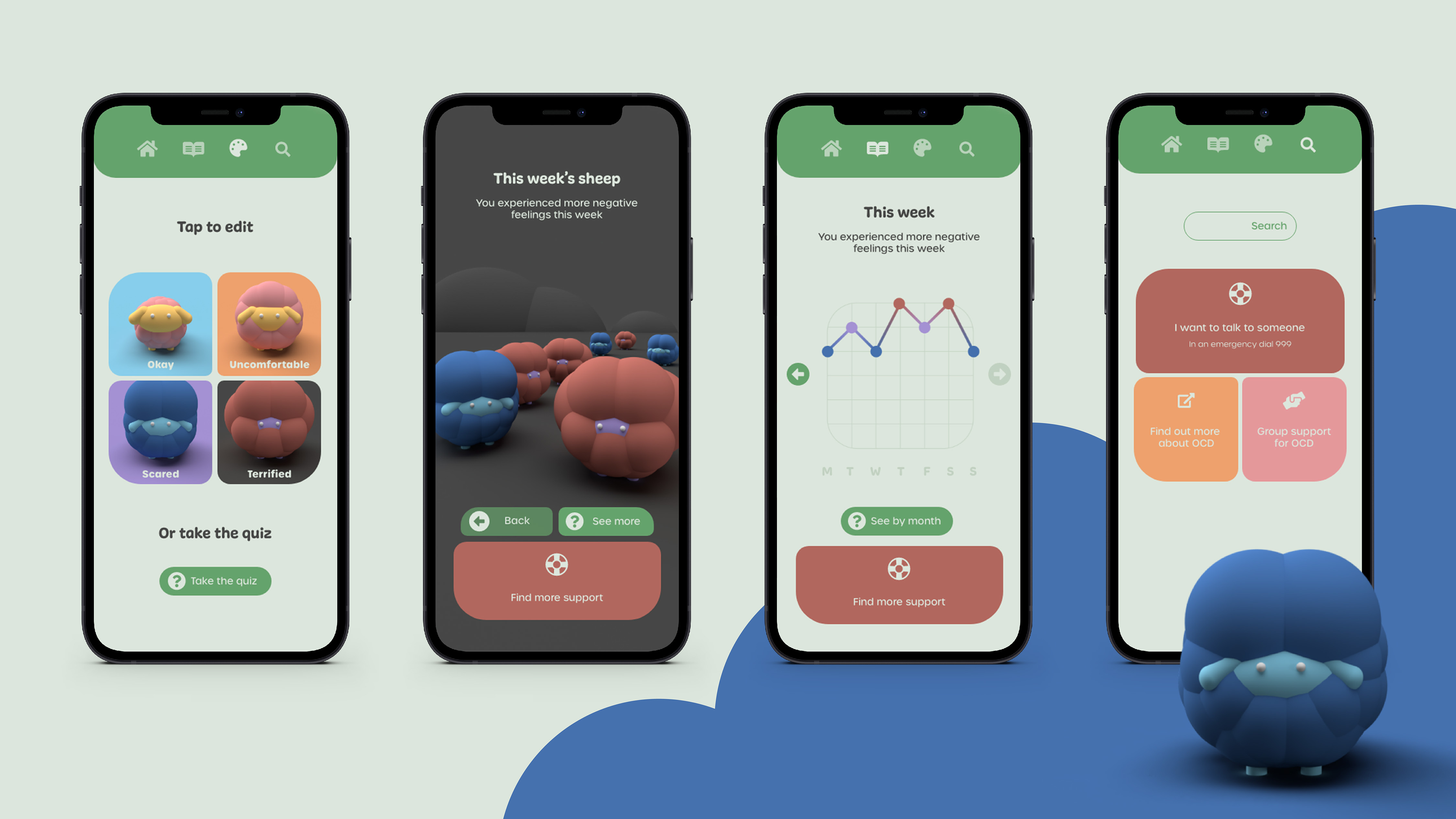 In-app screenshots from OCD sleep app.