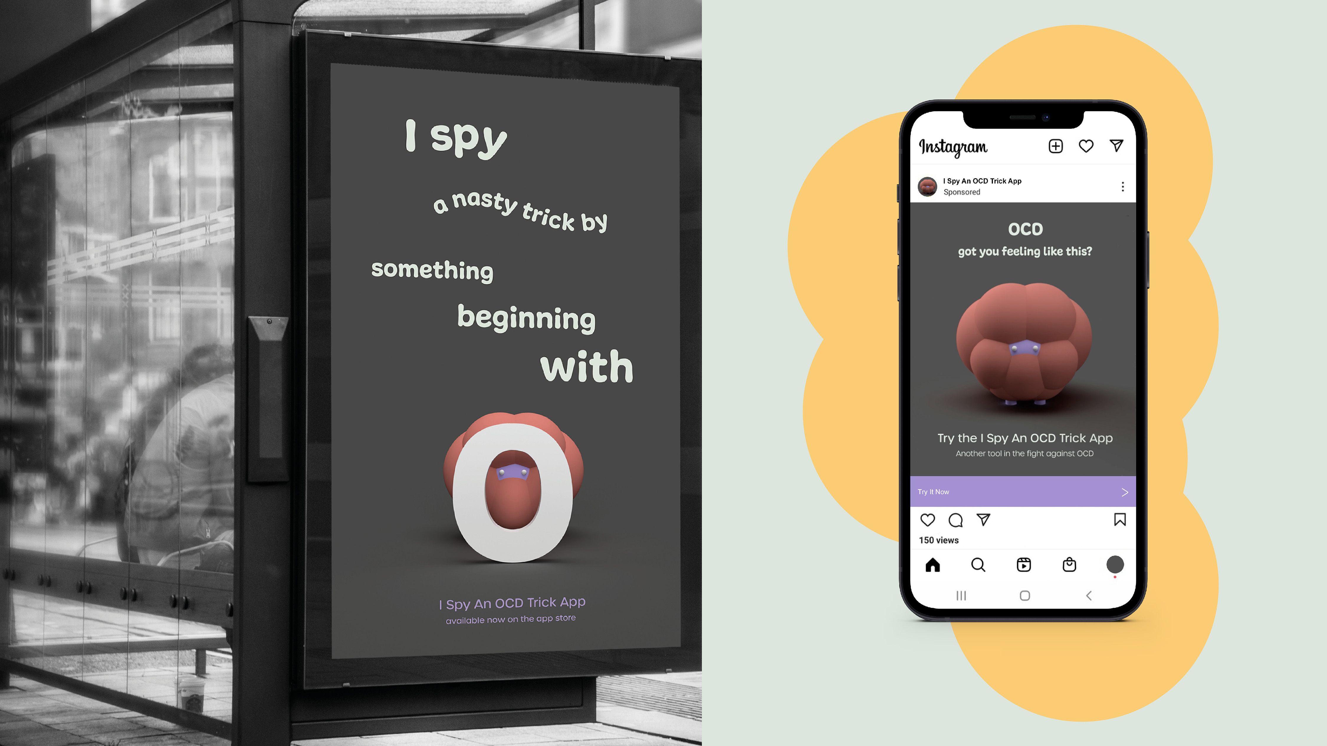 Mock-ups of ad placements for OCD sleep app. One ad is on a bus shelter, the other is an instagram ad shown in situ on a phone.