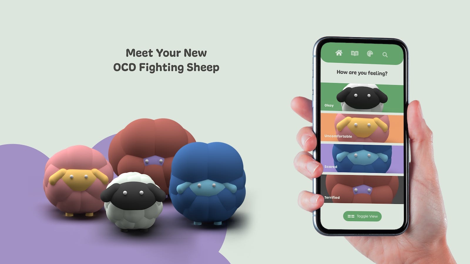 Mock up of app for OCD fighting, featuring the OCD Fighting Sheep companion