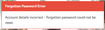 Example of the forgotten password error on the AUB applicant portal. Copy reads: Account details incorrect – forgotten password could not be reset.