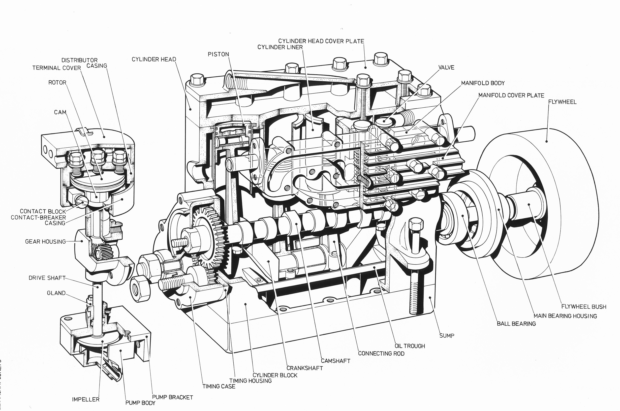 Cutaway of a 15cc petrol engine illustration