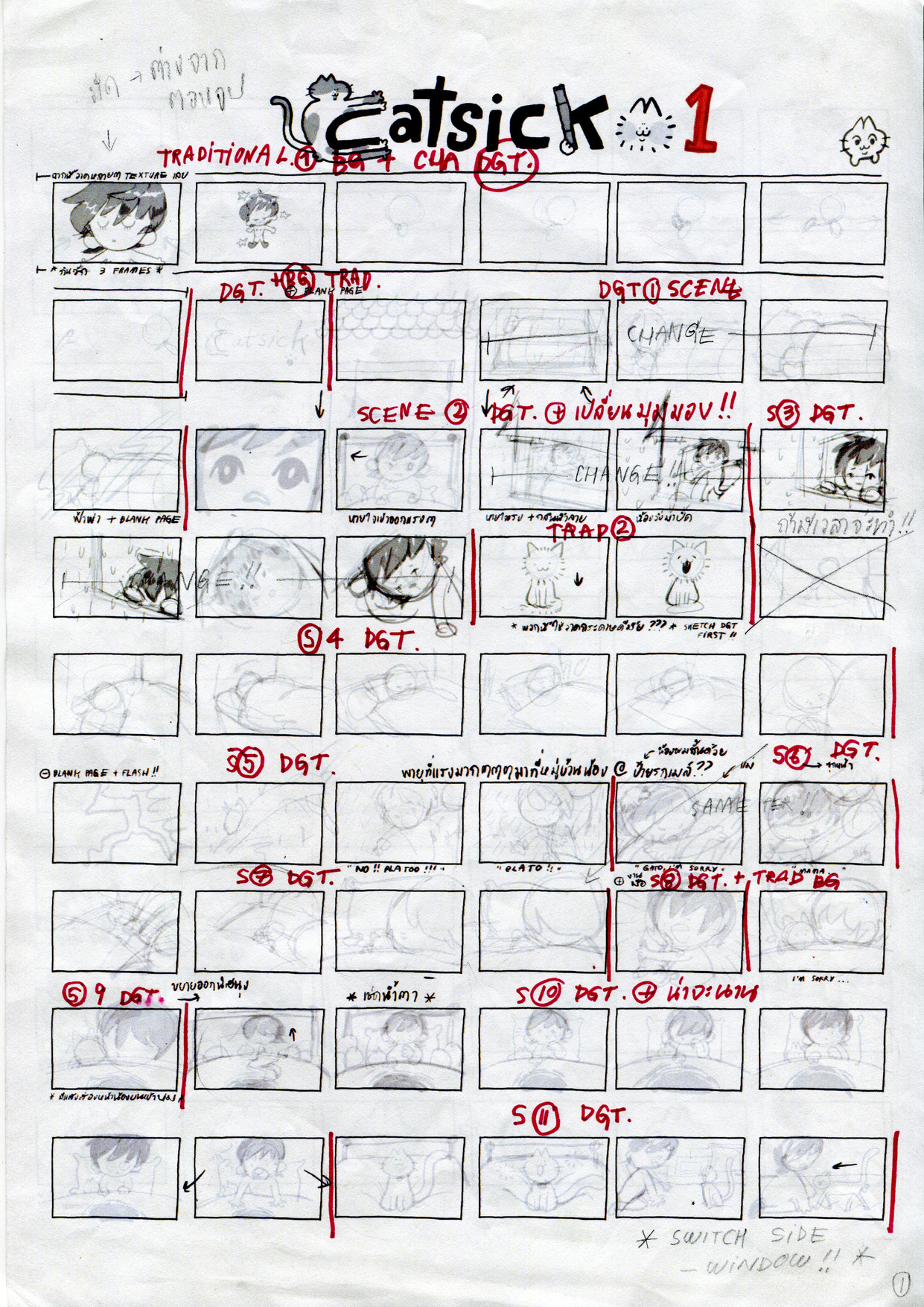 Hand-drawn storyboard titled "Catsick" with black ink sketches in rectangular panels, red annotations, and pencil notes on white paper.