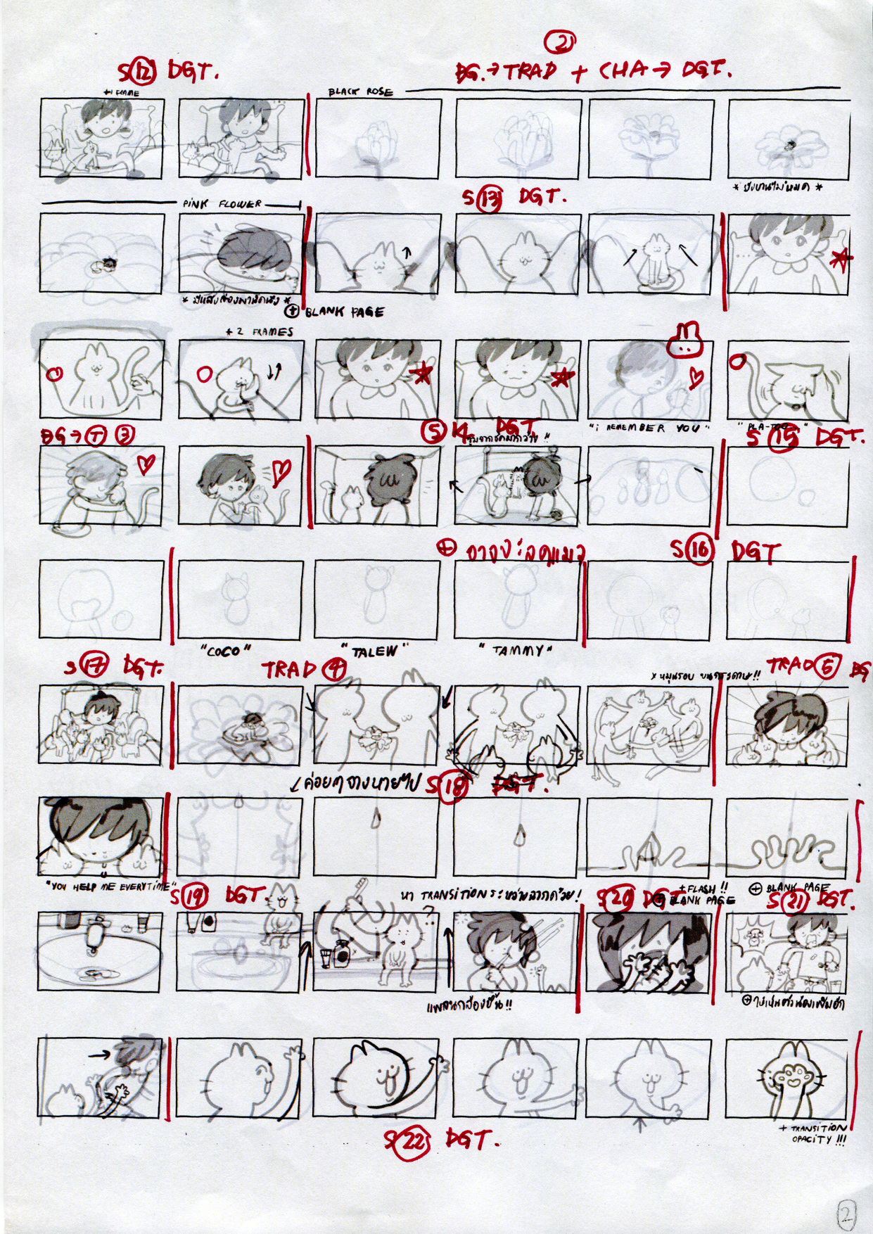 Hand-drawn storyboard with pencil sketches in rectangular panels, red annotations and numbering, showing character sequences and scenes.