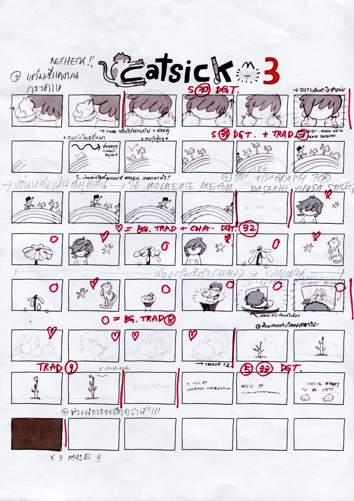 Hand-drawn storyboard with rectangular panels showing rough sketches. Red annotations and arrows throughout. Title "Catsick" at top.