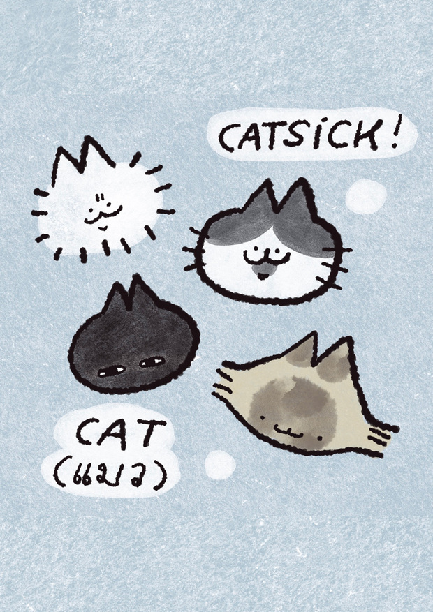 Four cartoon cat heads on pale blue textured background. White outlined cat says "CATSICK!", grey/white cat, dark grey cat, and beige cat below. Text reads "CAT".