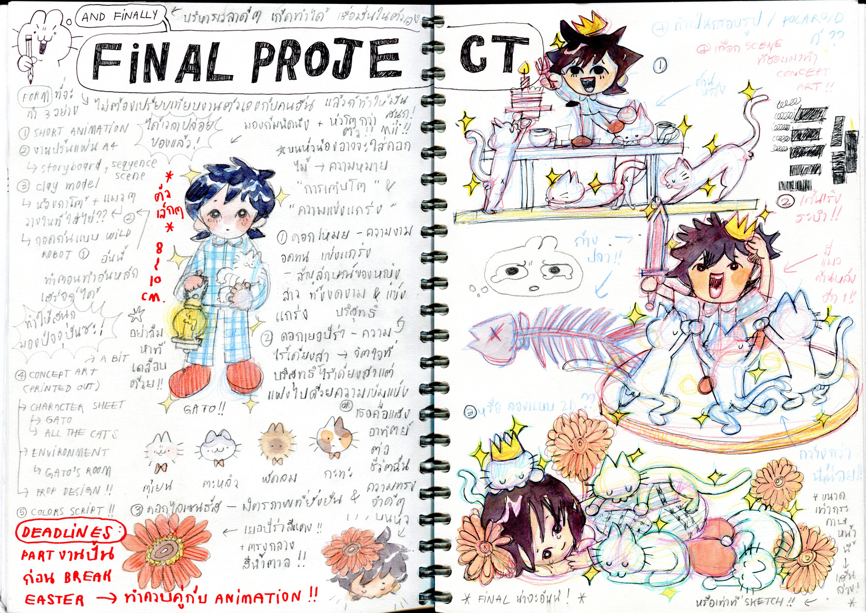 Spiral-bound notebook with "FINAL PROJECT" header, handwritten text, and coloured manga-style character drawings in panels on right page.