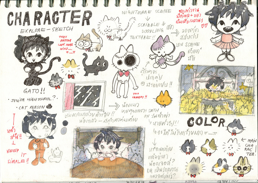 Sketchbook page with anime-style character designs, featuring black-haired figures, white dog, purple cat, and colour swatches in mixed media.