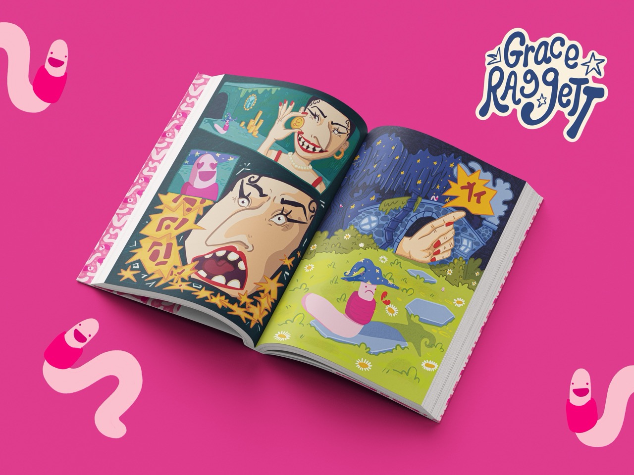 An open illustrated comic book with colourful action scenes on pink background, featuring the Grace Raggot title logo in the top right.