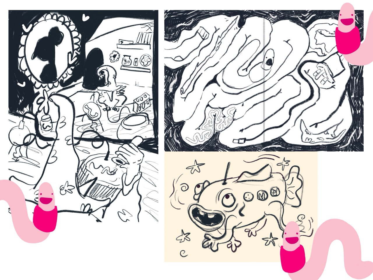 A collage of hand-drawn black-and-white doodle illustrations, including abstract faces and a dog on a cream background, with pink worm-like graphics around the edges.