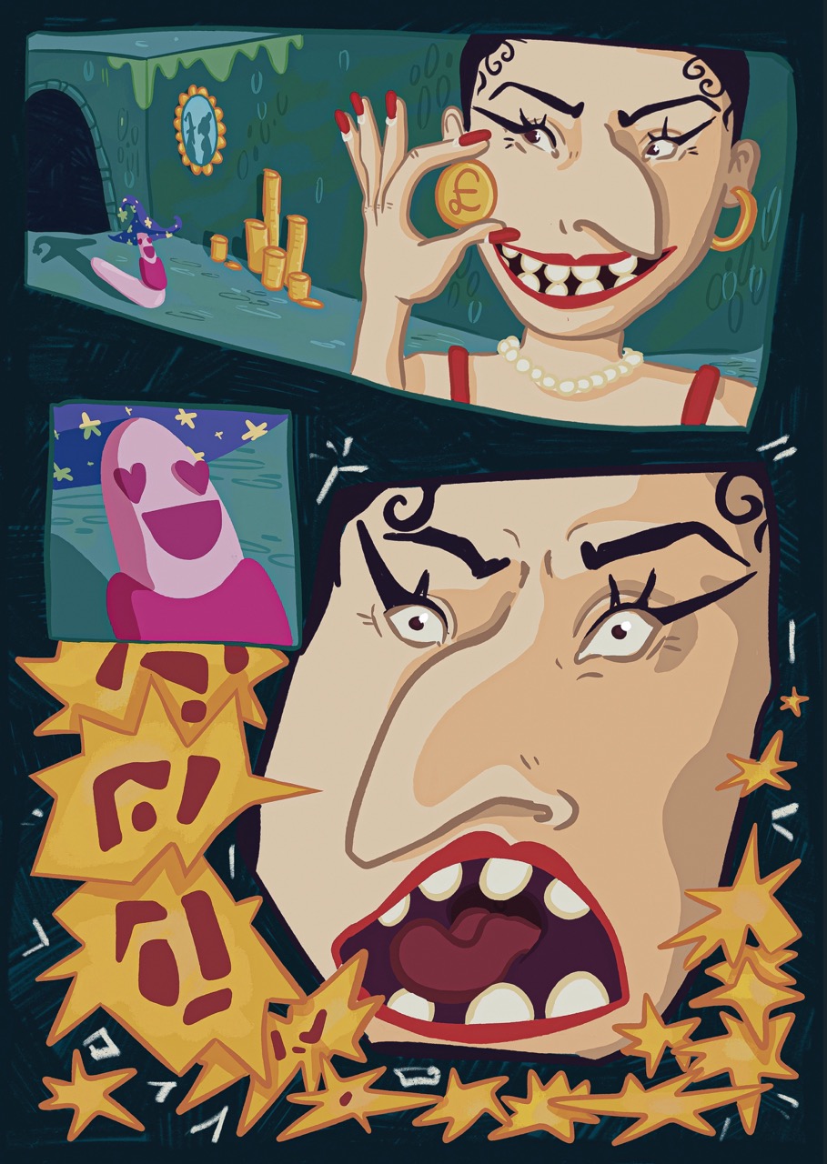 A comic-style illustration of a woman holding a euro coin in front of her face, with gold bars and a pink figure in the background, and a large shocked face below surrounded by star-shaped explosions.