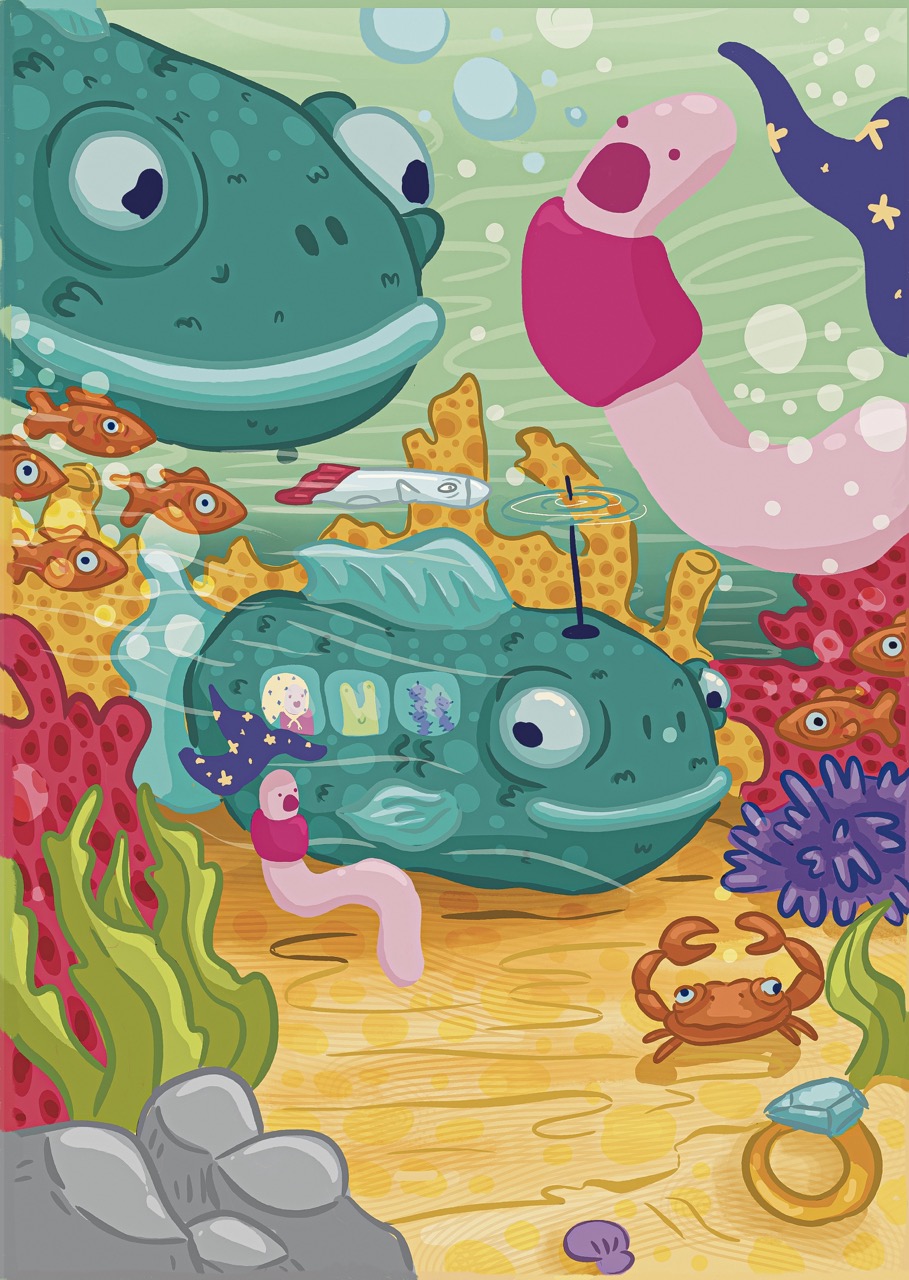 A colourful underwater illustration shows two teal fish with antennae, surrounded by orange fish, coral, seaweed and a gold ring on the sandy seabed.