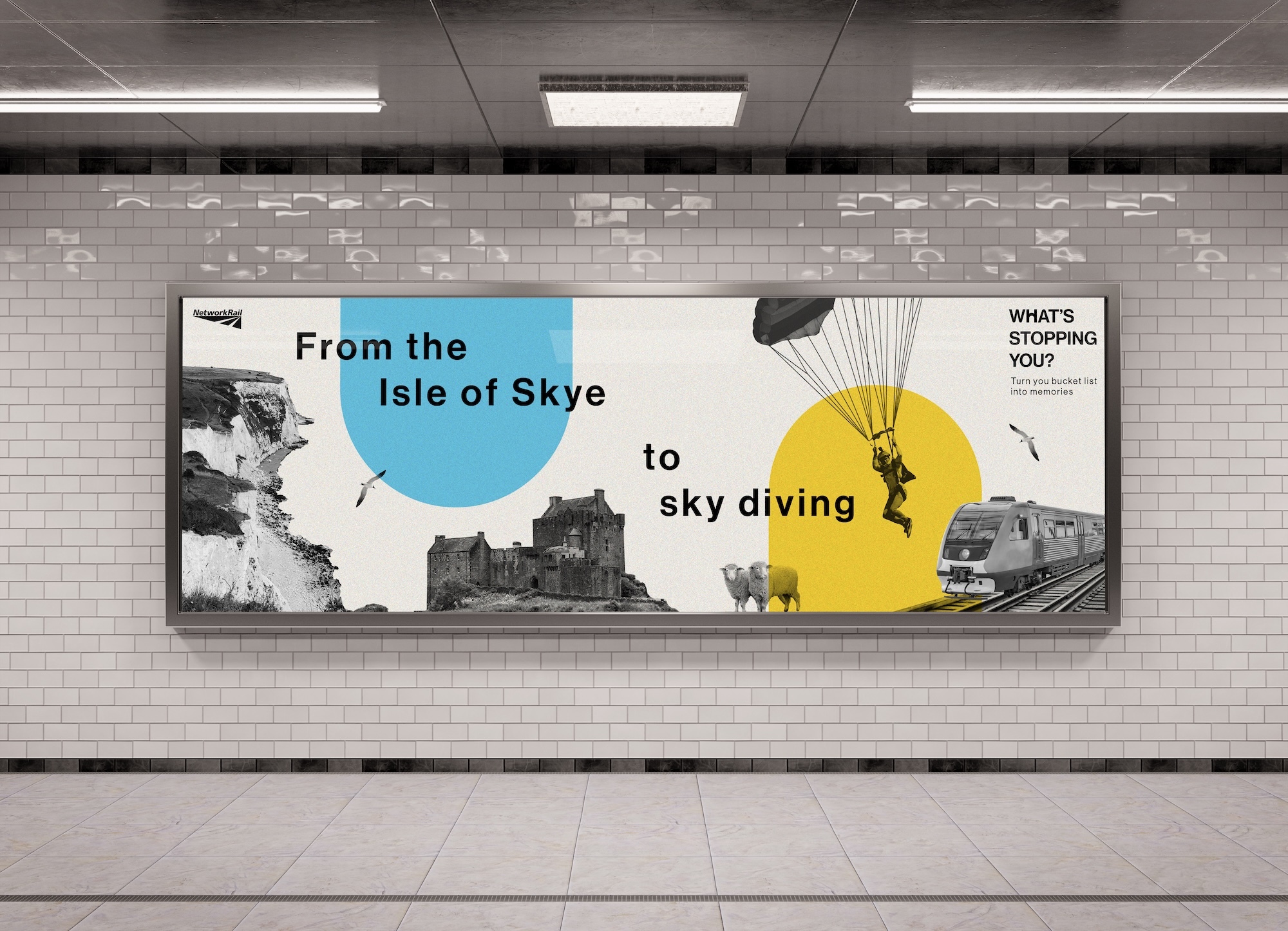 Large rectangular advertisement on white tiled wall featuring blue and yellow circles, black and white imagery, and text about Isle of Skye and sky diving.