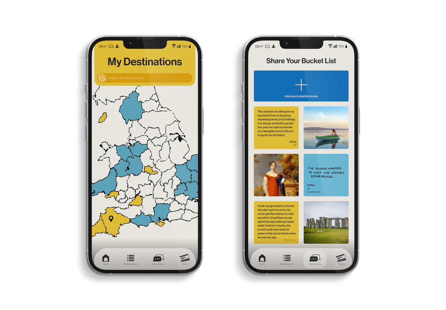 Two mobile phones displaying travel app screens: left shows coloured map of UK regions, right shows bucket list with travel images