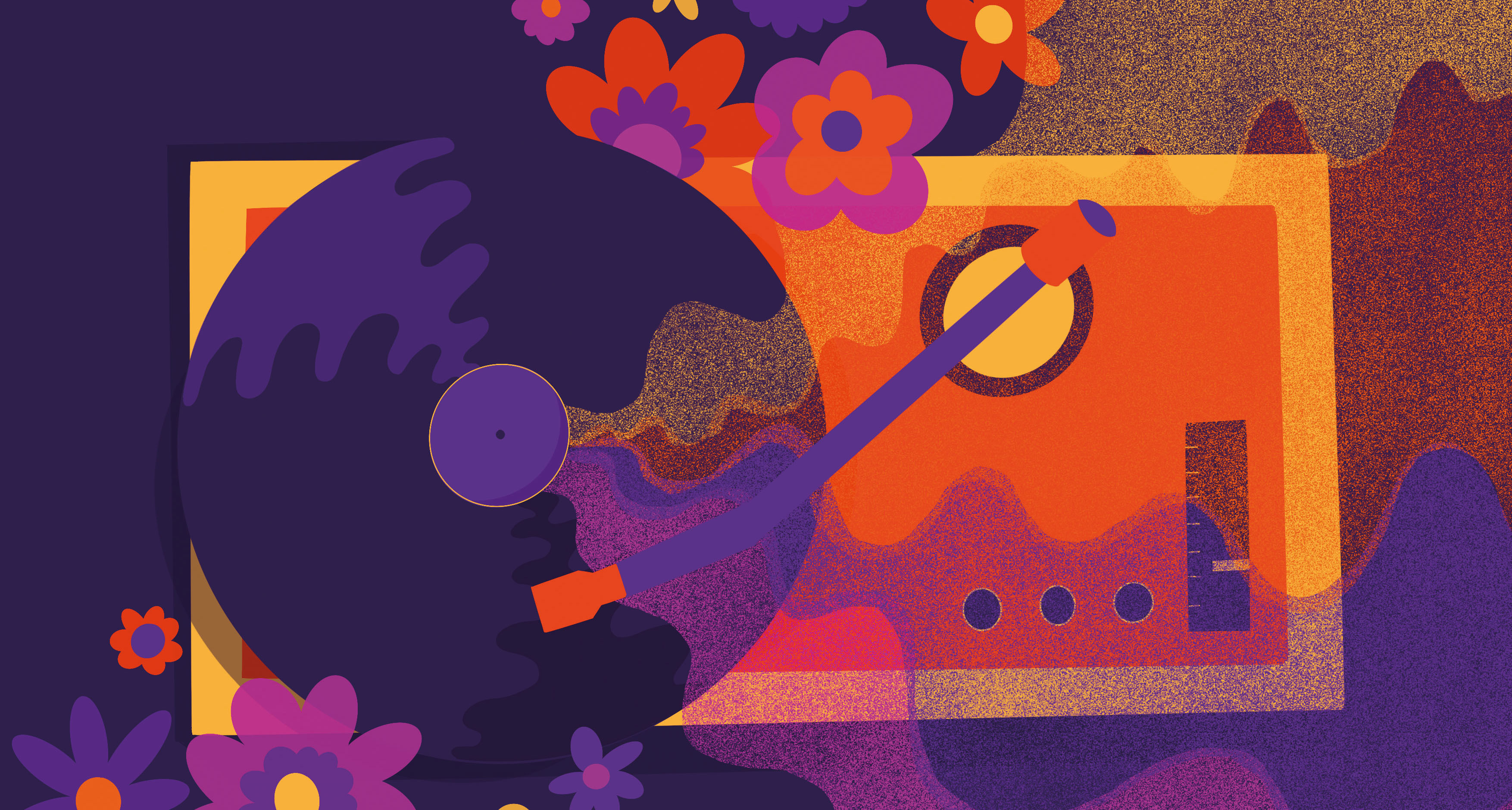 Illustration of a record player surrounded by colourful flowers, the record player has colourful sound waves coming from it