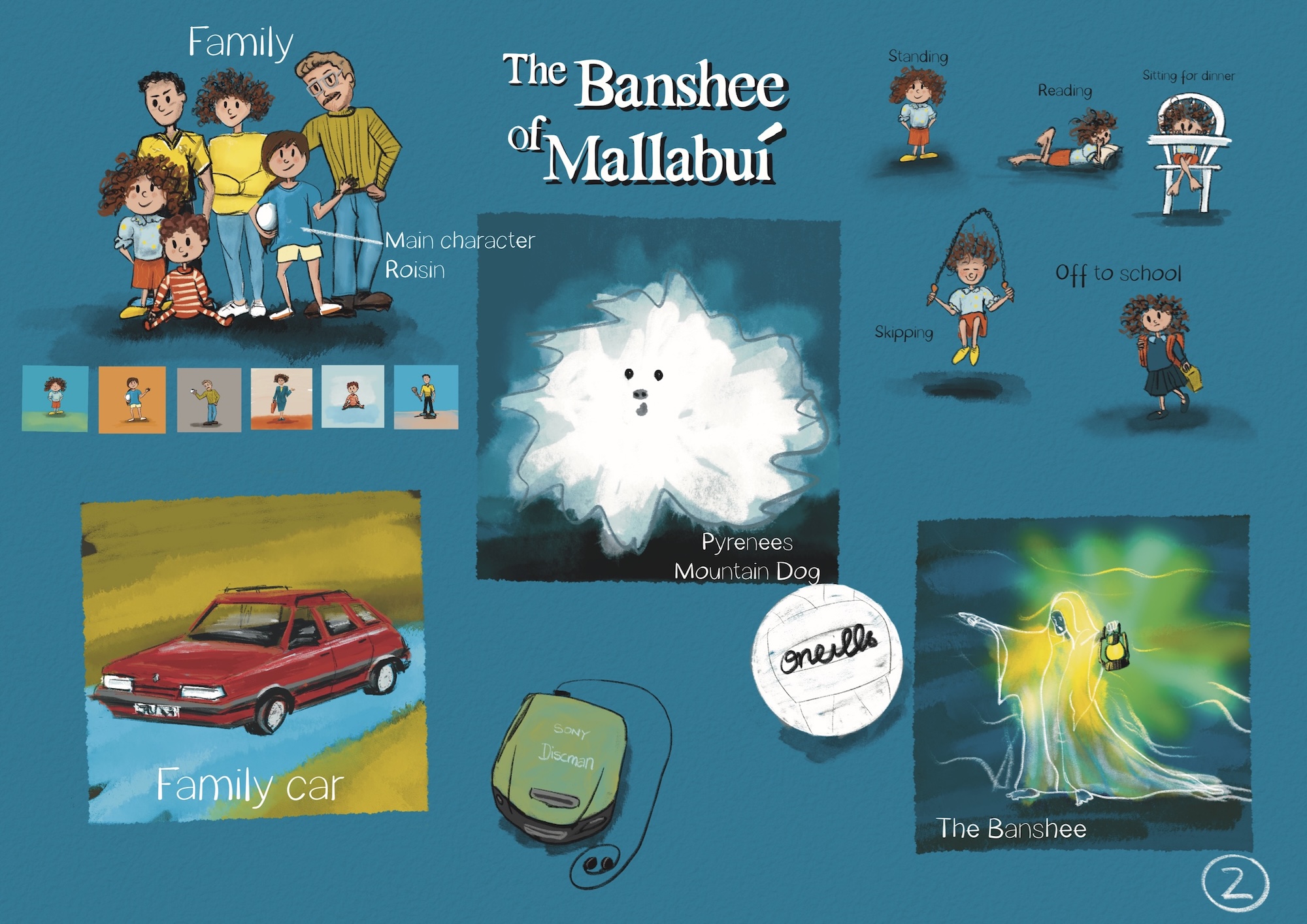 Mood board for "The Banshee of Mallabuí" showing illustrated designs of a family of six, a red car, the character in different poses (standing, reading, skipping, sitting in a highchair, and going to school) and a banshee holding a lantern.
