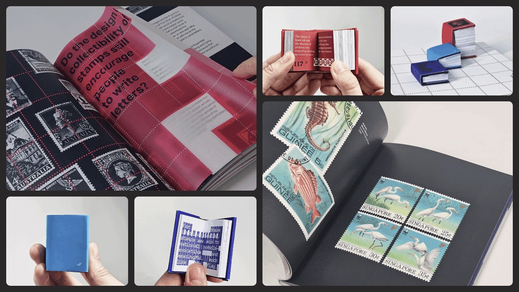 Collage of six images showing various small books and zines: pink publication with black text, hands holding red booklet, blue and red miniature books, green leaflet, blue book in hands, and purple booklet being held.
