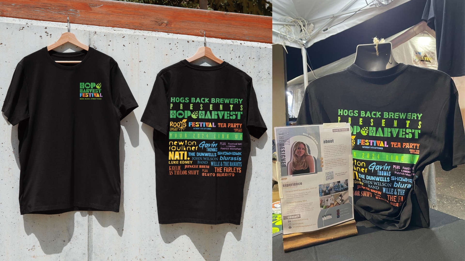 Two images showing a black t-shirt with mock-up graphic design, on the right shows the t-shirt with the completed design and information about Lenya.