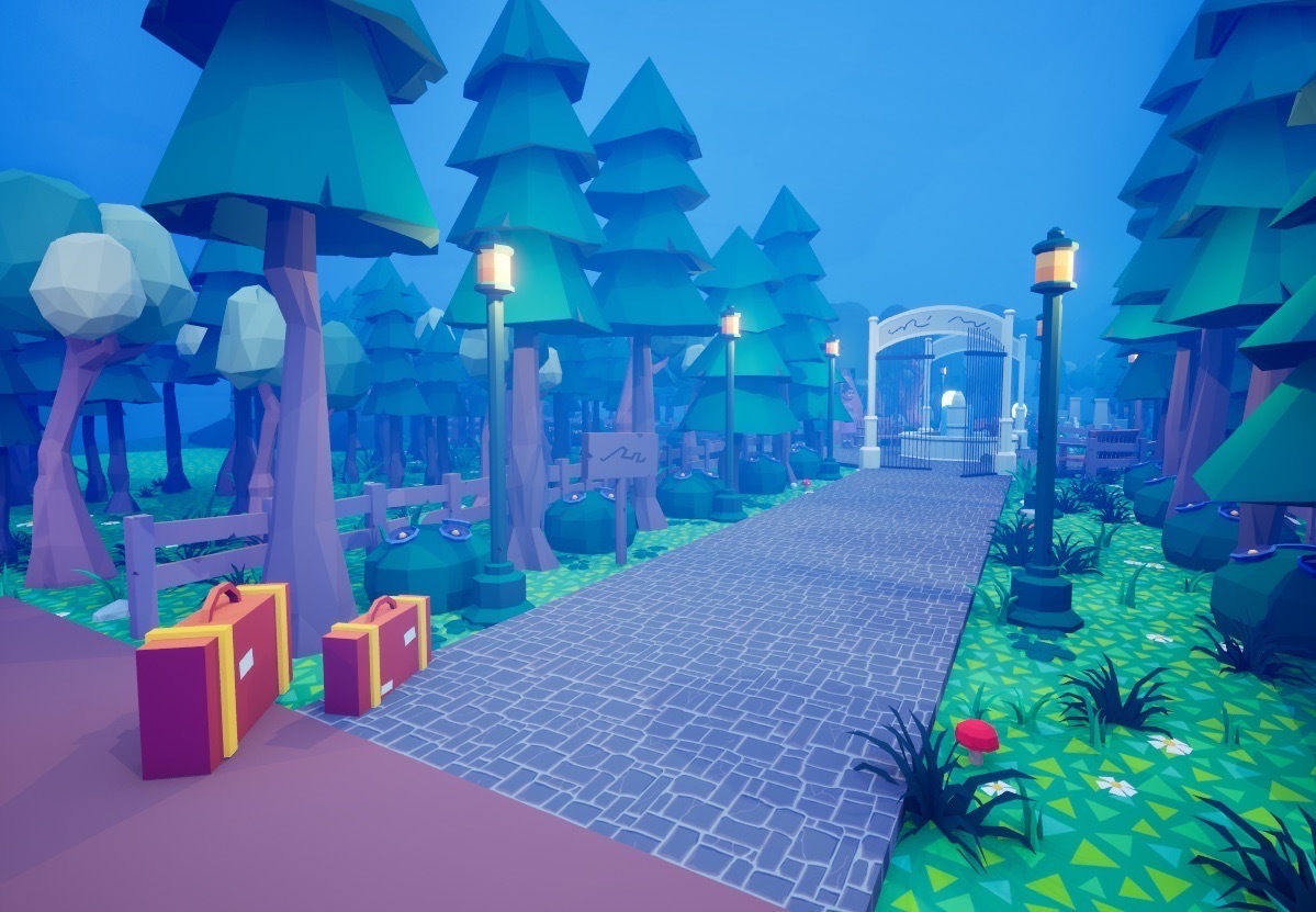 Screenshot from Grave Flowers game showing a cobbled path in a forest leading up to a graveyard with streetlamps.