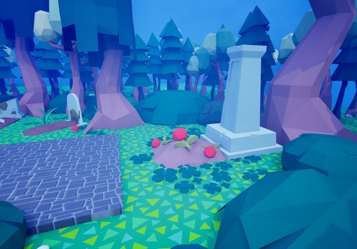 Screenshot from Grave Flower showing a grave with red roses by a forest.