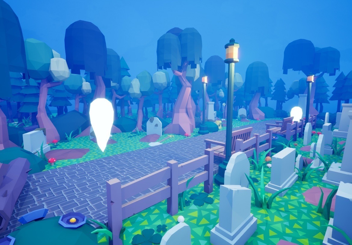 Screenshot from Grave Flower showing a cobbled path in a forest leading up to a graveyard with streetlights and ghosts.