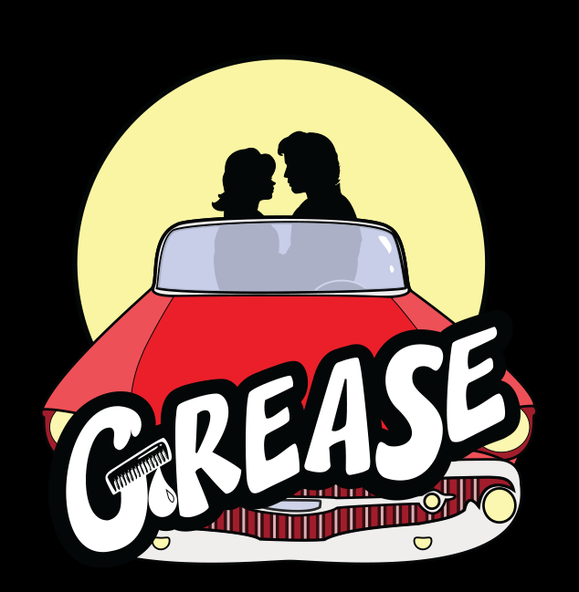Illustration of a 1950s car with the silhouette of a couple facing each other in a spotlight. The word "Grease" appears across the front of the car.