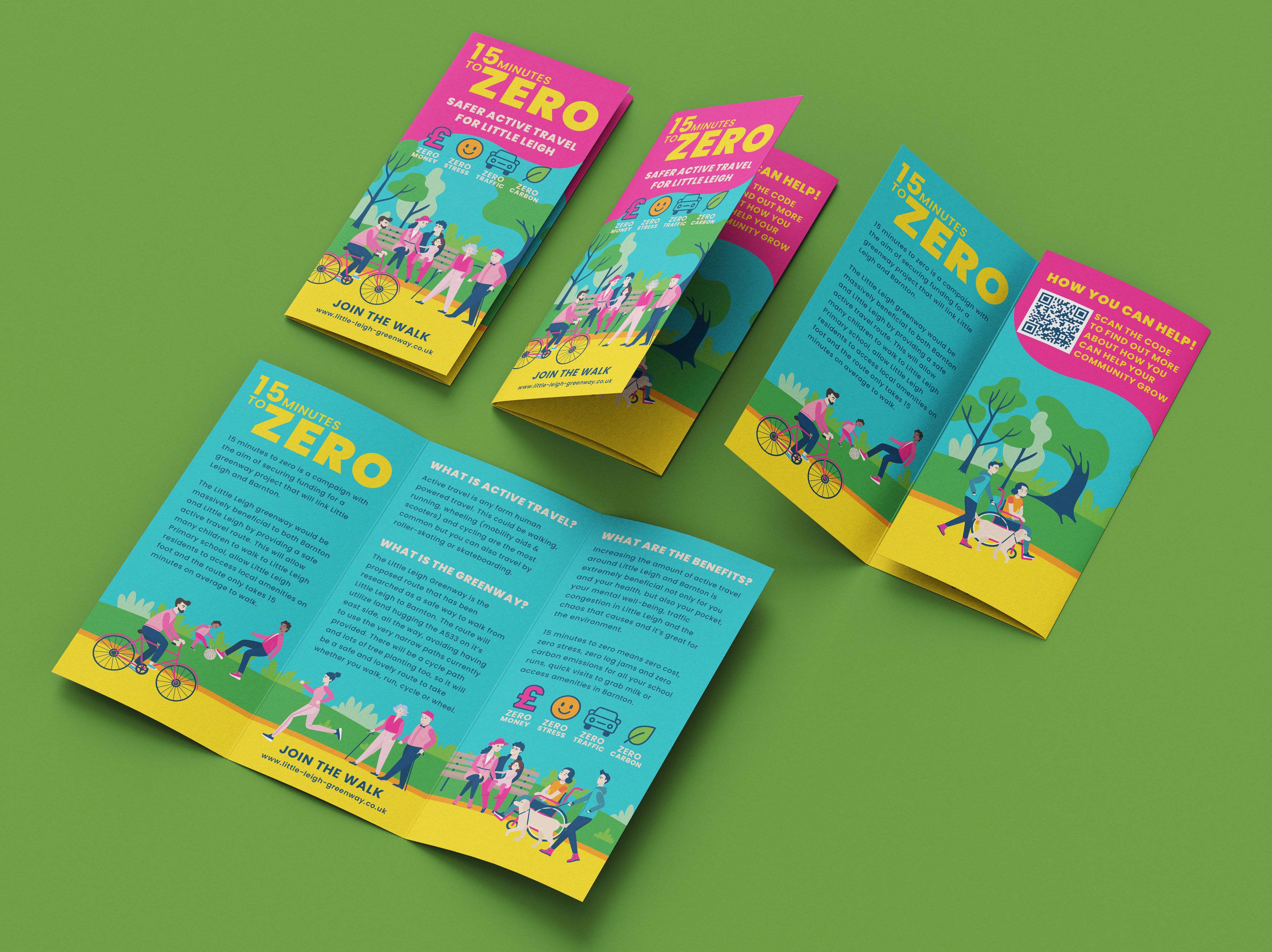 Colourful brochures on green background featuring teal, yellow and pink colour scheme with illustrated figures and "ZERO" branding.