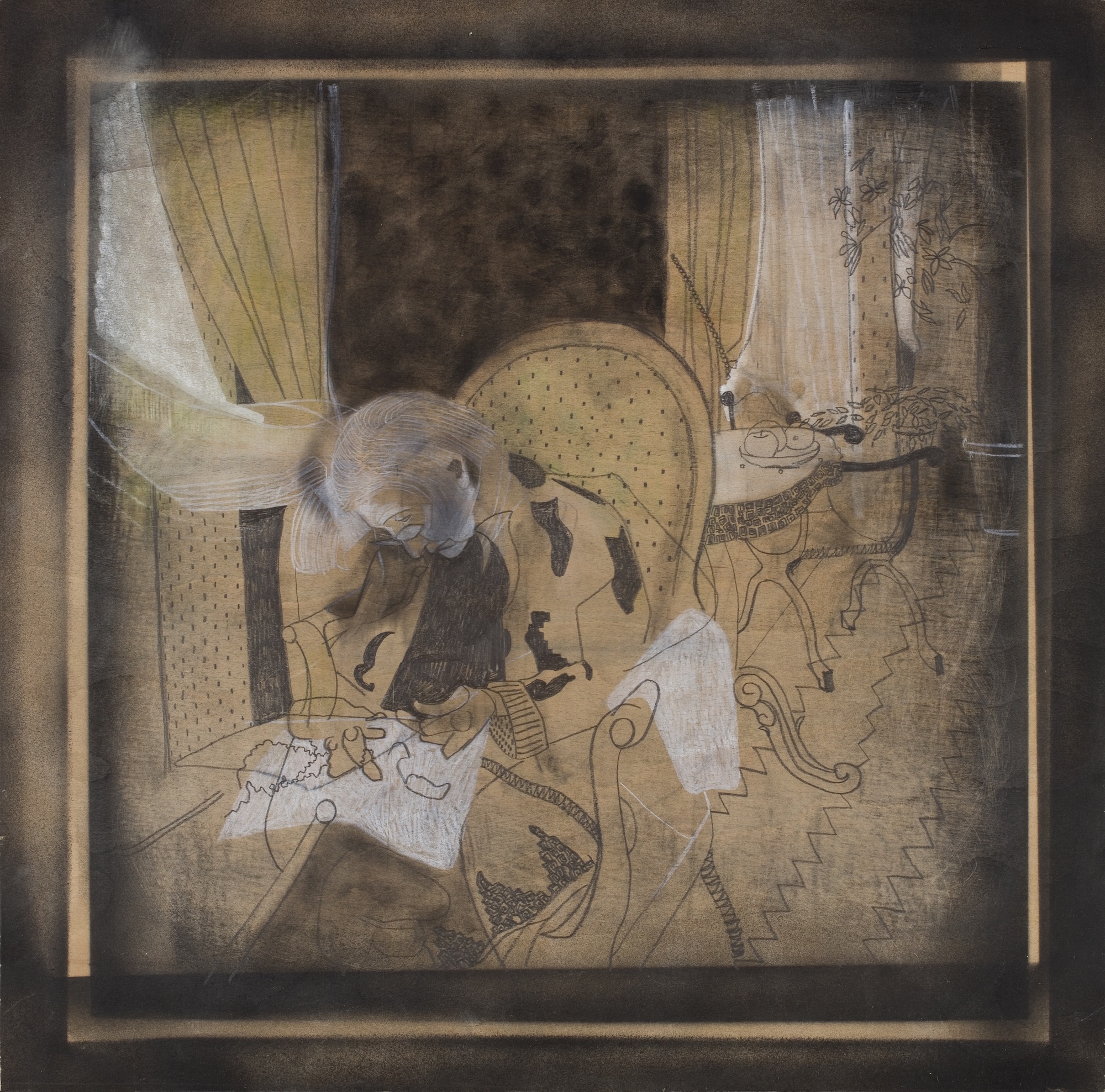 An abstract mixed-media artwork on a square canvas, featuring a central figure with layered line drawings, fabric-like textures and muted brown tones.