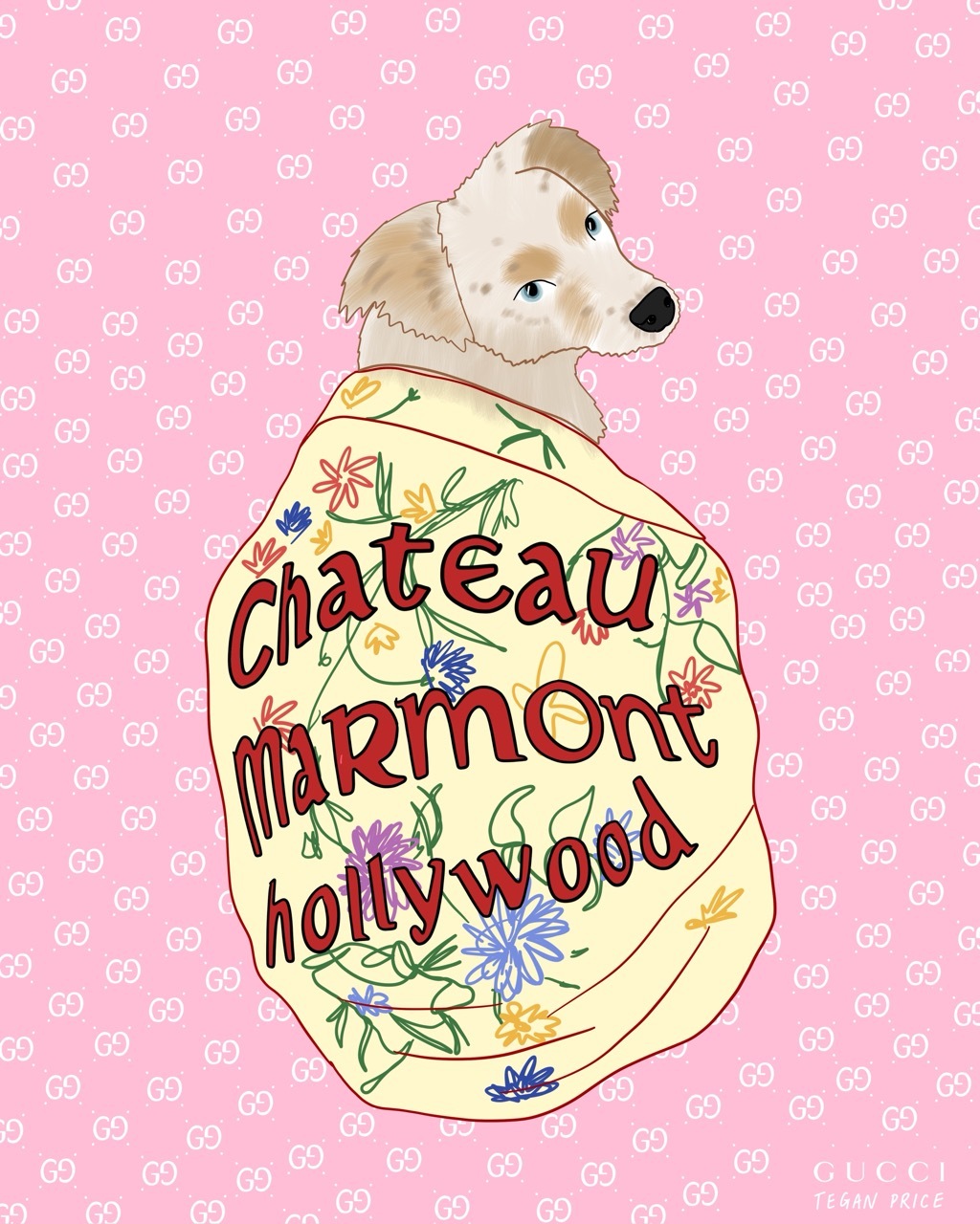 Illustration of a dog wrapped in a floral blanket that reads 'Chateau Marmont Hollywood', pink dotted background.