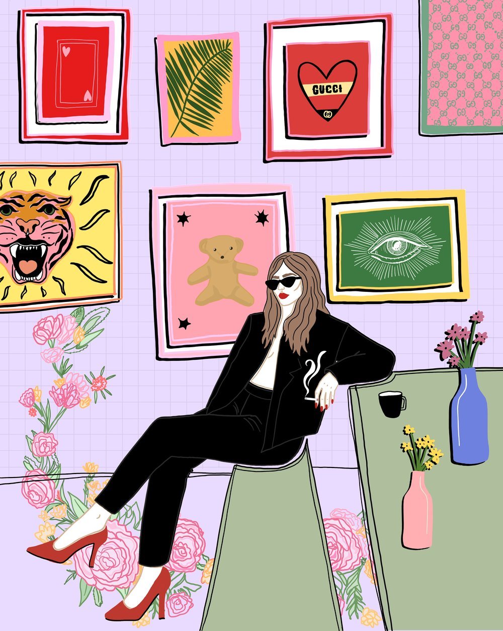 Colourful illustration of a model sat wearing a black suit and red heels with colourful quirky frames behind them, pink background.