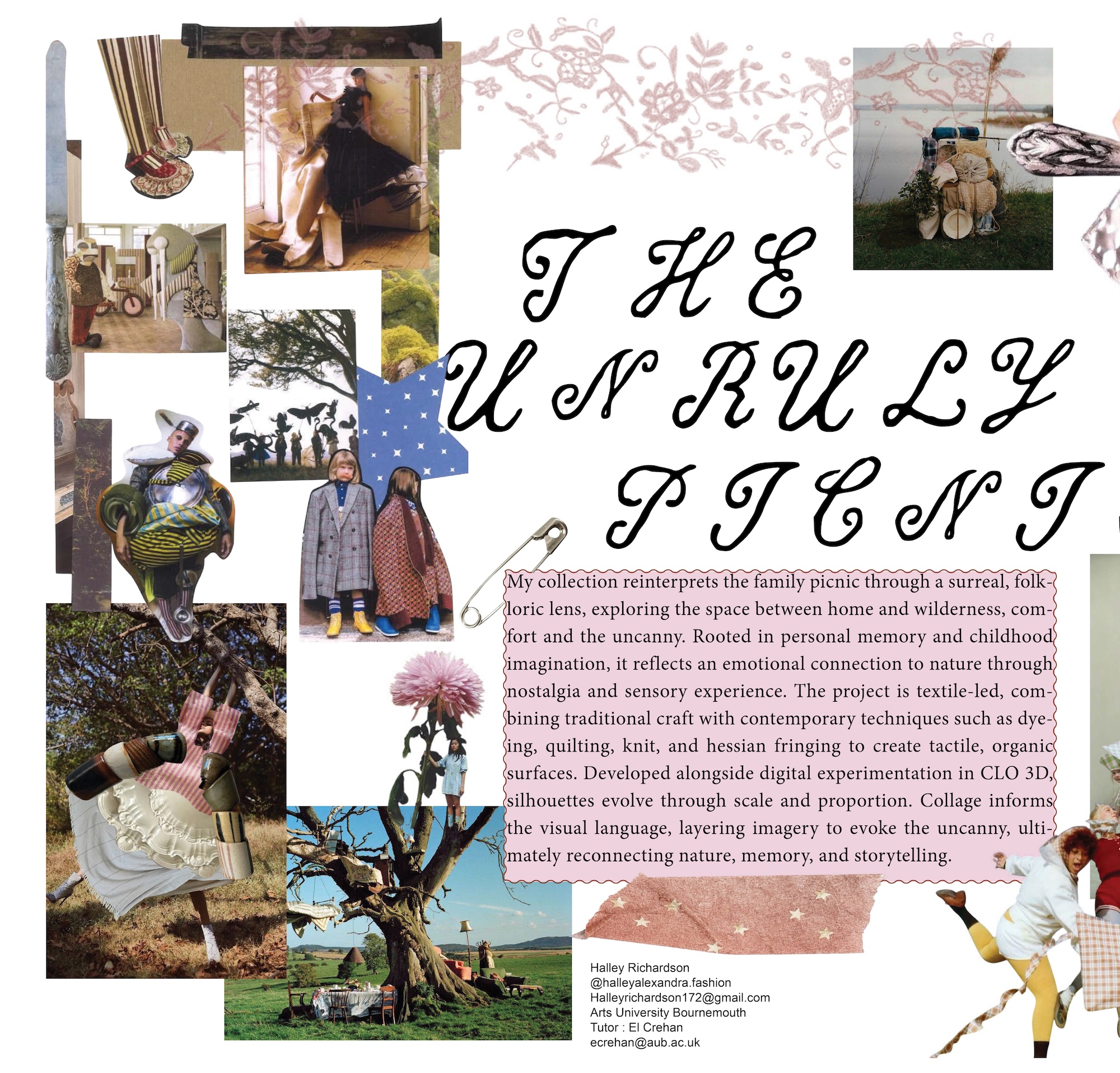 A collage poster titled ‘The Unruly Picnic’ with mixed vintage-style photos, floral patterns and a handwritten text block on a white background.