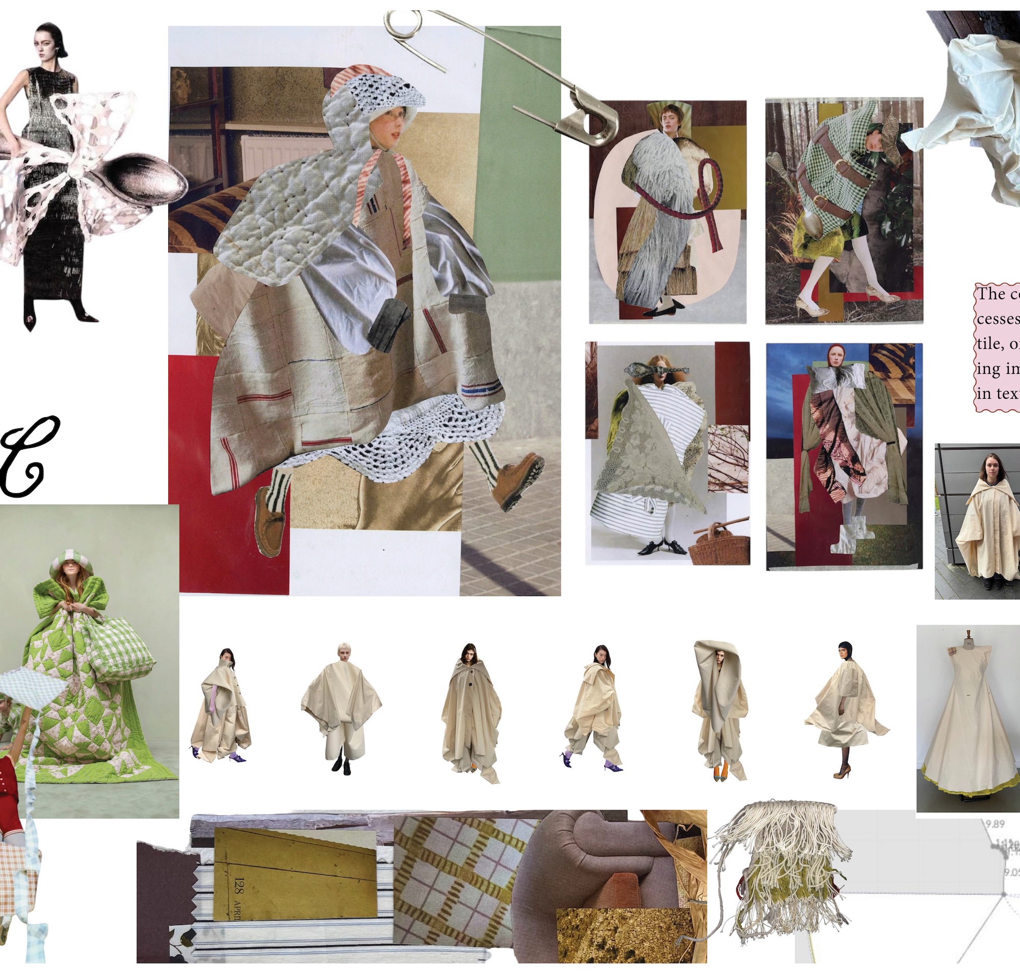 A fashion collage shows several models in layered avant-garde outfits, with a large central figure in a billowing silver-grey ensemble and smaller outfit images arranged around it.