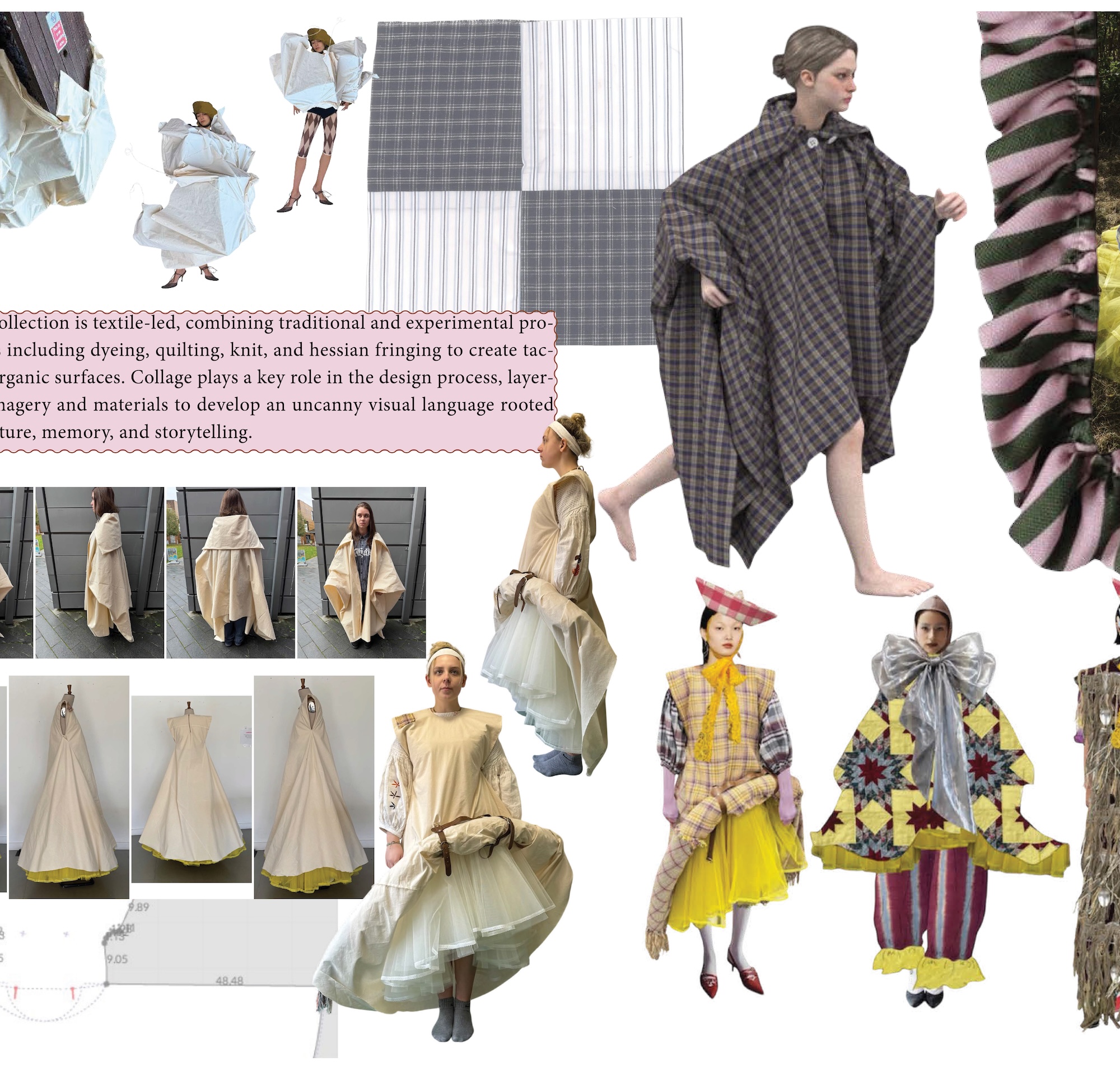 A fashion design mood board showing garment sketches, fabric swatches and model look studies, including oversized plaid and cream-layered outfits on a white background.