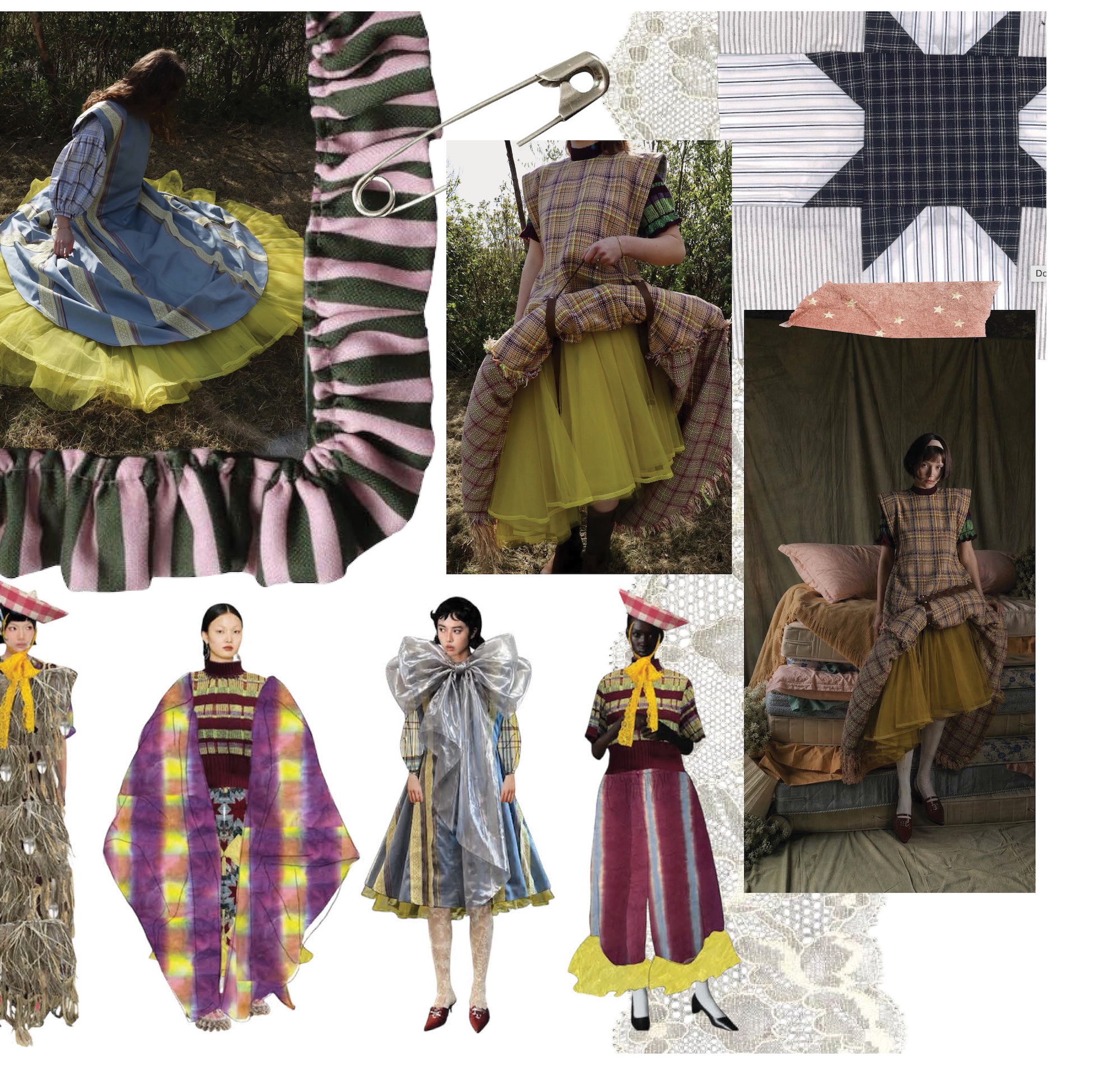 A collage of avant-garde fashion looks featuring structured dresses and layered skirts in plaid, yellow, silver and striped fabrics, with several full-length models posed against outdoor and studio backdrops.