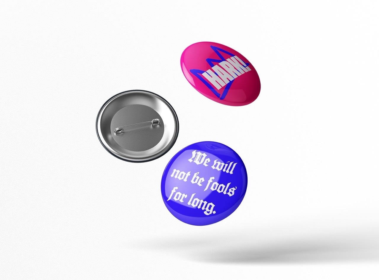 Pink and purple badges with Shakespeare quotes on, white background.