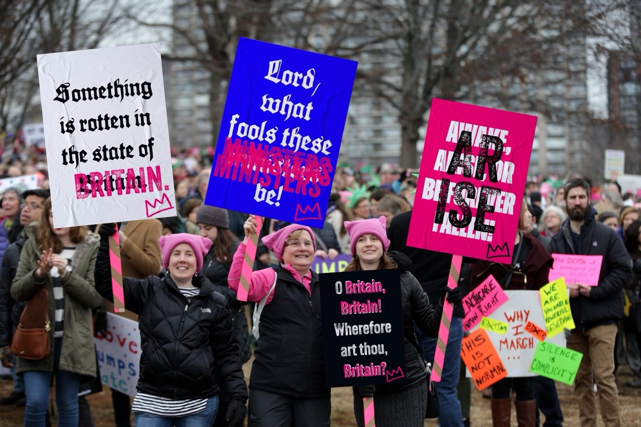 Mock-up of protestors wearing pink accessories holding up pink, purple and white banners, each reading Shakespearian-style slogans.