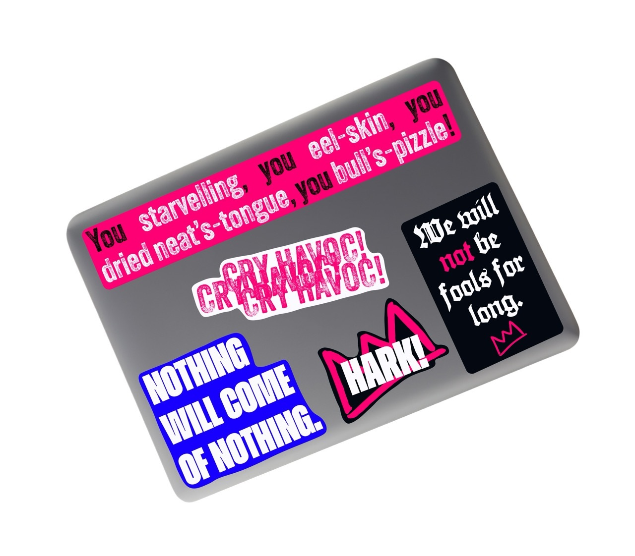 Pink, purple and white stickers on a laptop with distorted text, protest messages in Shakespearian style.