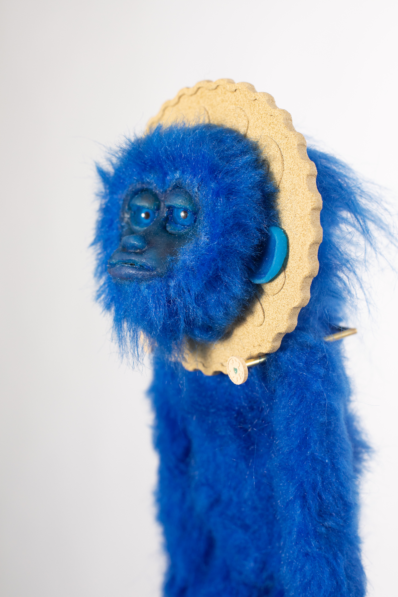Half-length photo of an animatronic puppet of a blue monkey with a Jammie Dodger biscuit behind its head.