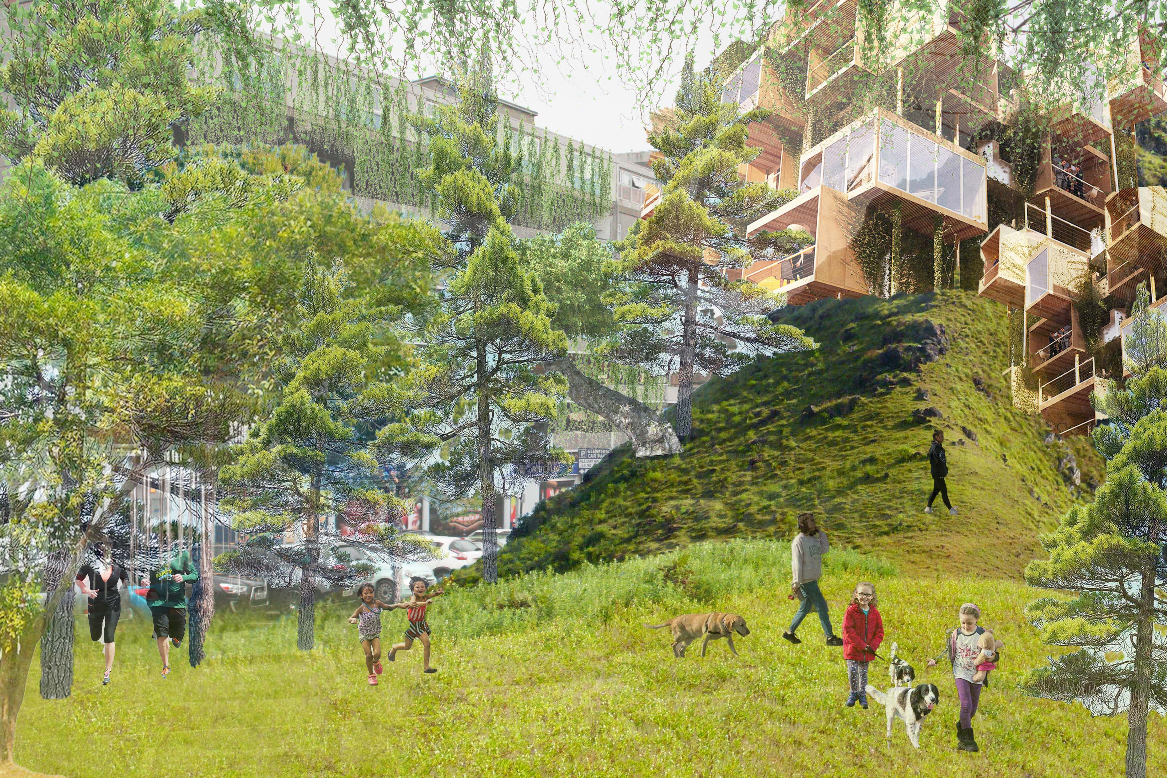 Park area with a field, trees and steep hill leading to a box-like building. People are shown walking dogs and jogging in the park.