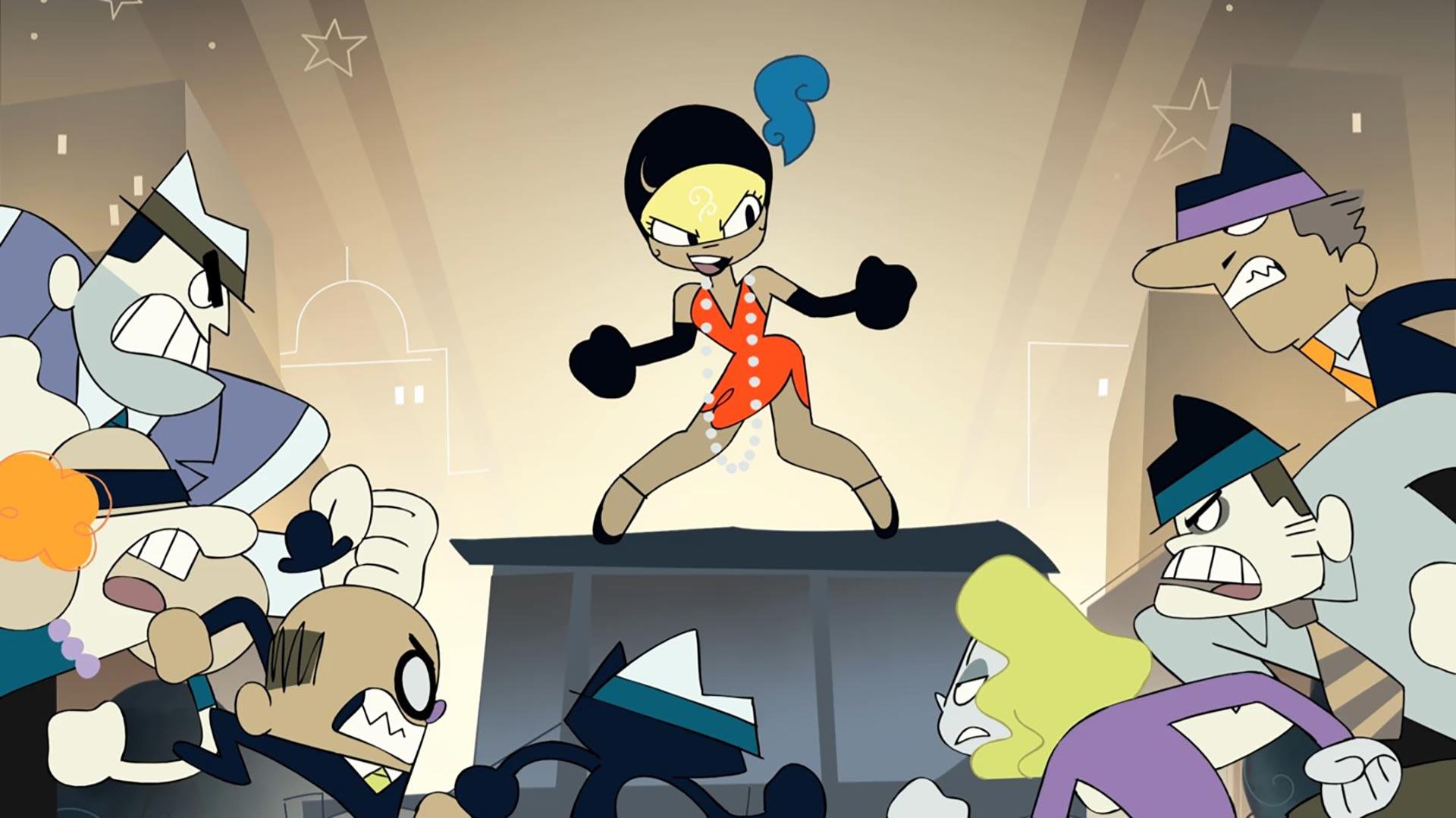 cartoon stood on box surrounded by crowd