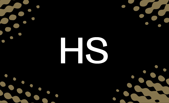 Black tile with gold pixellated accents and the initials HS in the centre.