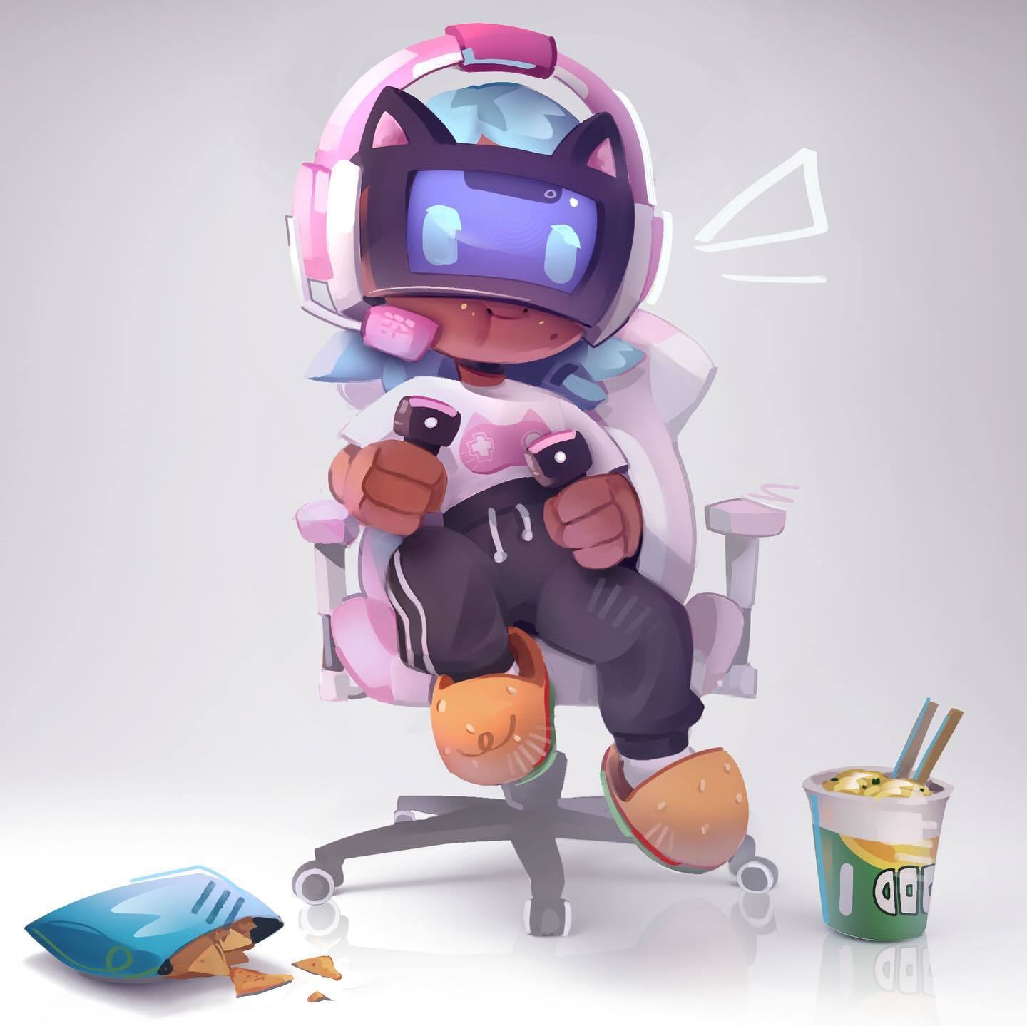 Promotional artwork for Hammy-Bee – a character wearing a VR headset, sweatpants and burger slippers, holding gaming controllers and sitting in a gaming chair.