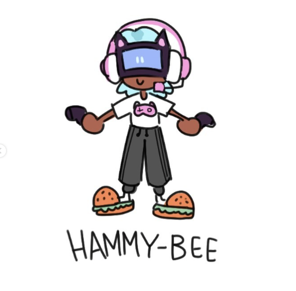 Design sketch of the Subway Surfers character Hammy-Bee – a girl wearing a VR headset, sweatpants and burger slippers, holding two gaming controllers. The name "Hammy-Bee" appears underneath.