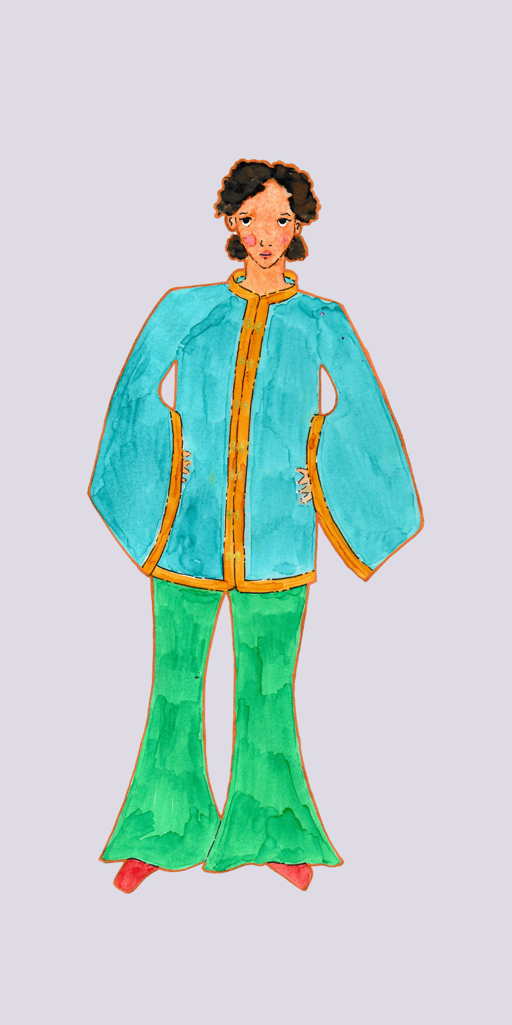 Illustration of figure with dark curly hair wearing turquoise jacket with orange trim and green flared trousers, red shoes, on light purple background.