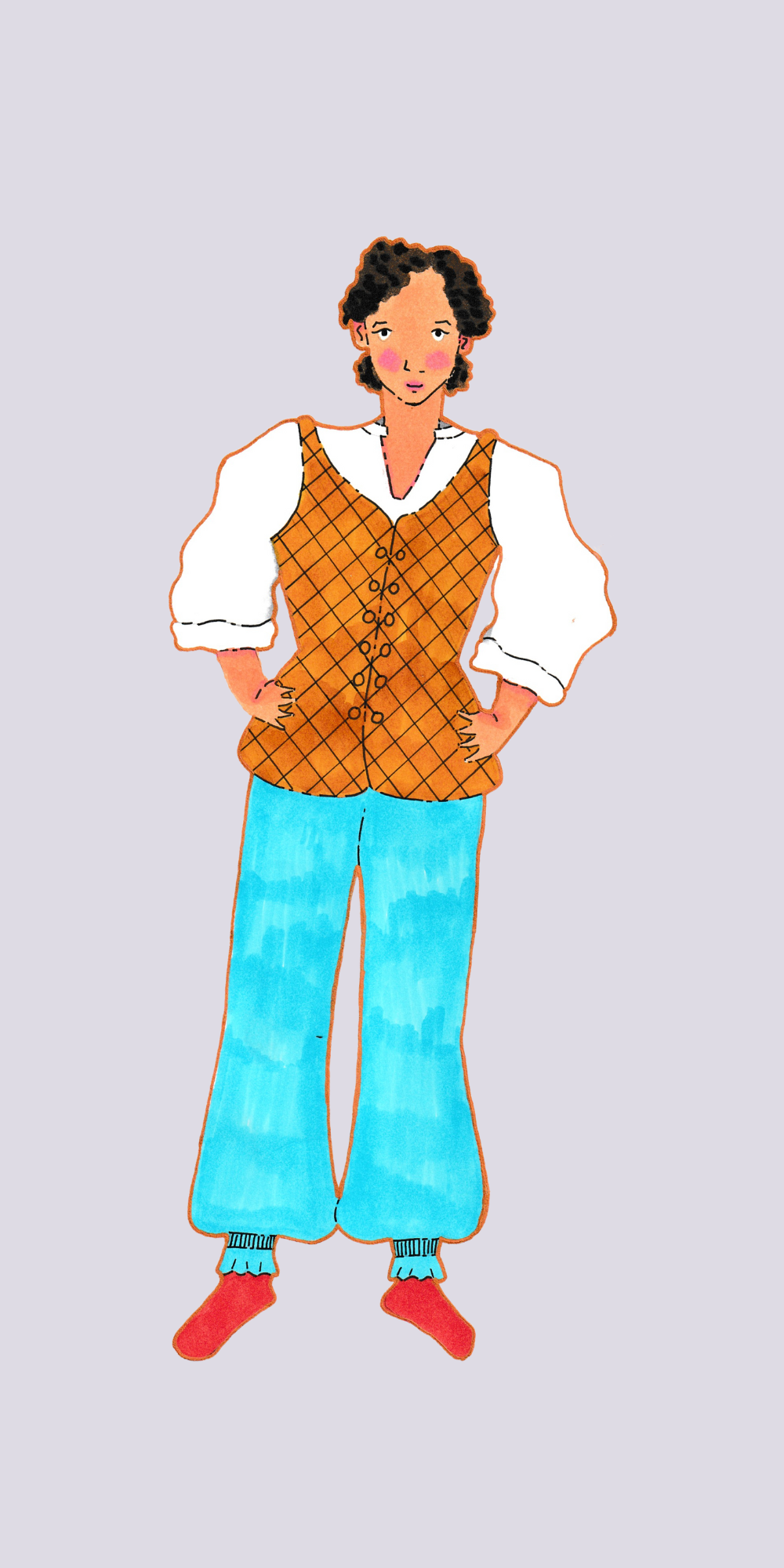 Illustration of figure with curly brown hair wearing orange diamond-patterned waistcoat, white puffy-sleeved shirt, bright blue trousers, and red socks on pale purple background.