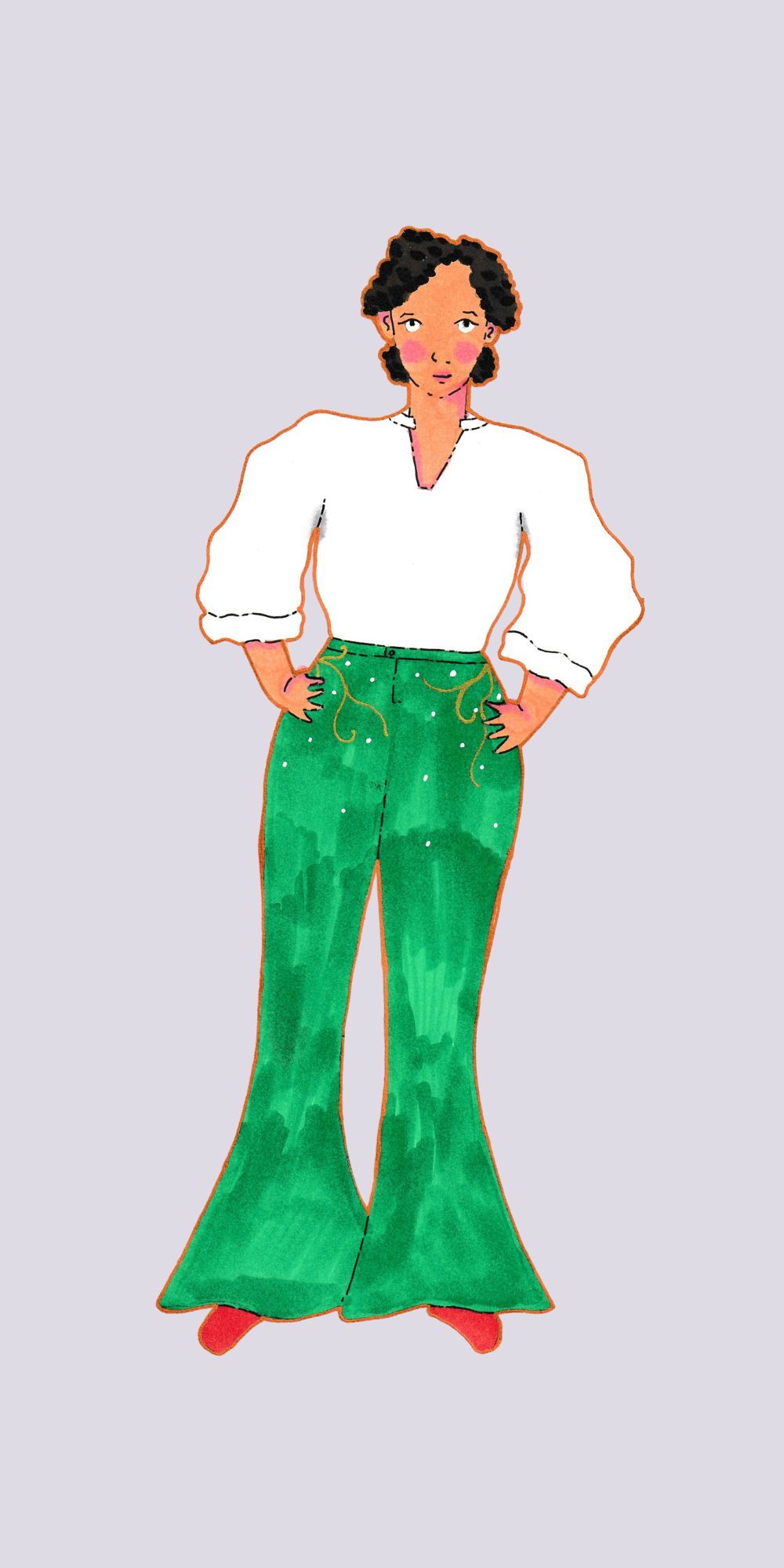 Illustration of woman with dark curly hair wearing white blouse and bright green flared trousers, red shoes, on pale purple background.